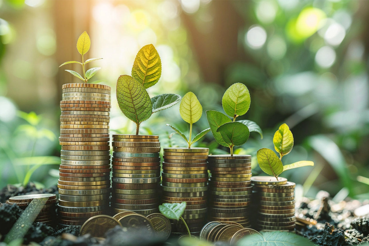 Waldhintergrund - Vordergrund Geldmünzen auf denen kleine Pflanzen wachsen