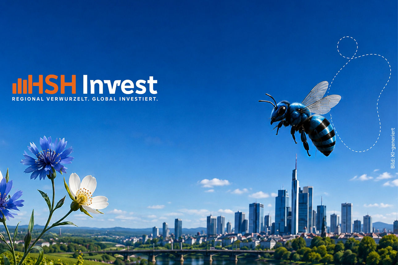 Bild KI generiert: Eine blaue Biene fliegt zu einer Blüte auf einer Wiese. Im Hintergrund ist eine Stadt.