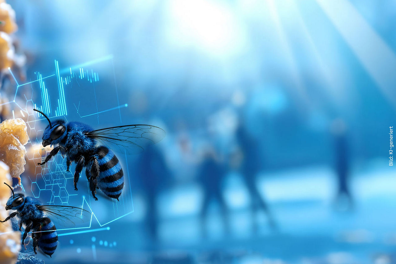 Bild KI generiert: Zwei blaue Bienen fliegen an eine Honigwabe und im Hintergrund sind Menschen unscharf zu erkennen.