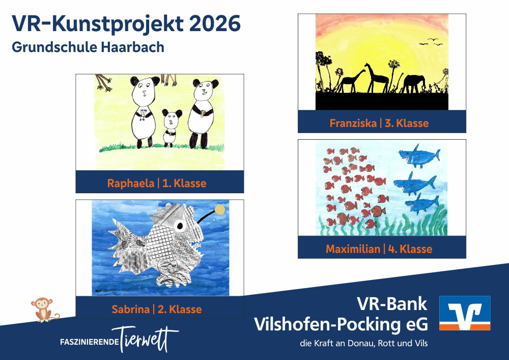 Die vier Gewinnerbilder VR-Kunstprojekt 2026, Grundschule Haarbach: Pandas,  Savannen-Szene, Antennen-Fisch, Haie und Fische.