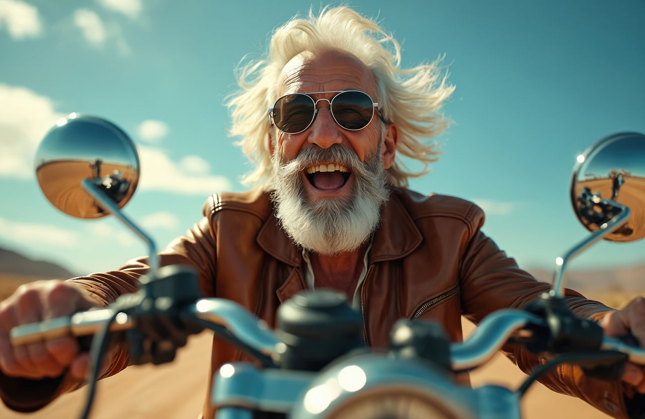 Älterer Mann mit weißen Haaren ohne Helm fahrend auf einem Motorrad.
