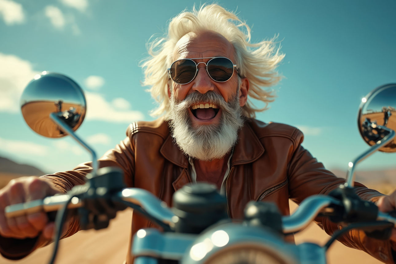 Älterer Mann mit weißen Haaren ohne Helm fahrend auf einem Motorrad.