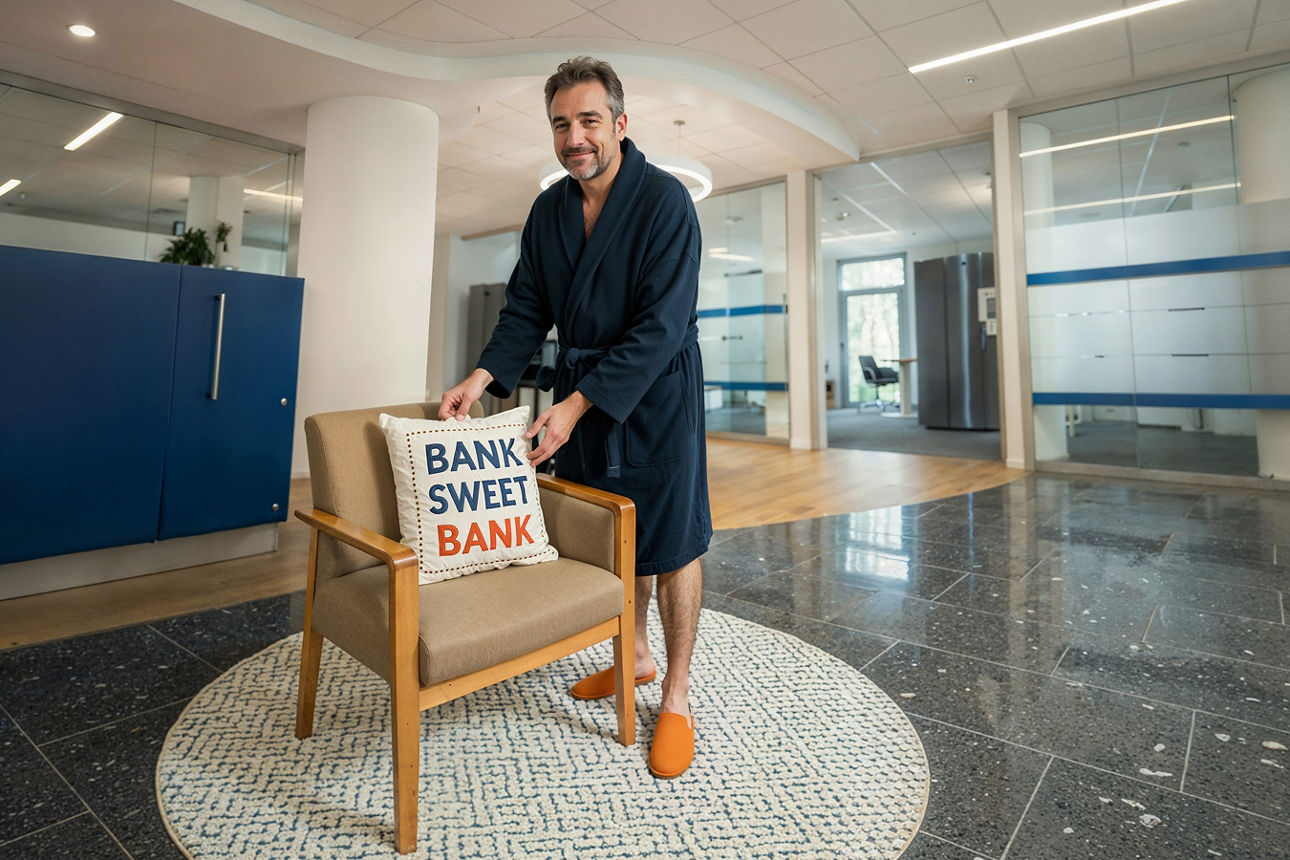 Mann im Bademantel hinter einem Stuhl mit Kissen