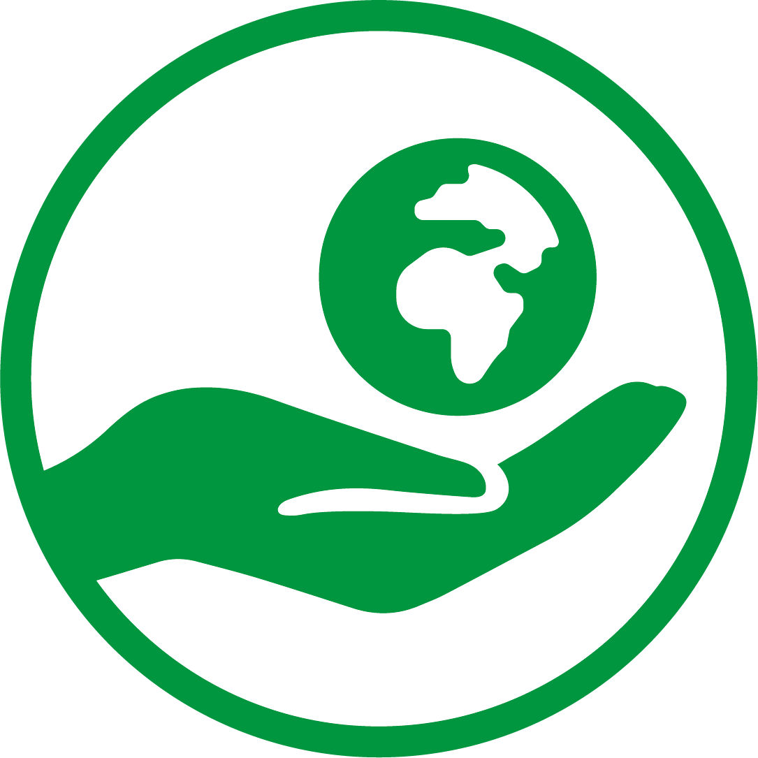 Unser Symbol für nachhaltige Produkte - Eine offene Hand über der eine Erde schwebt.