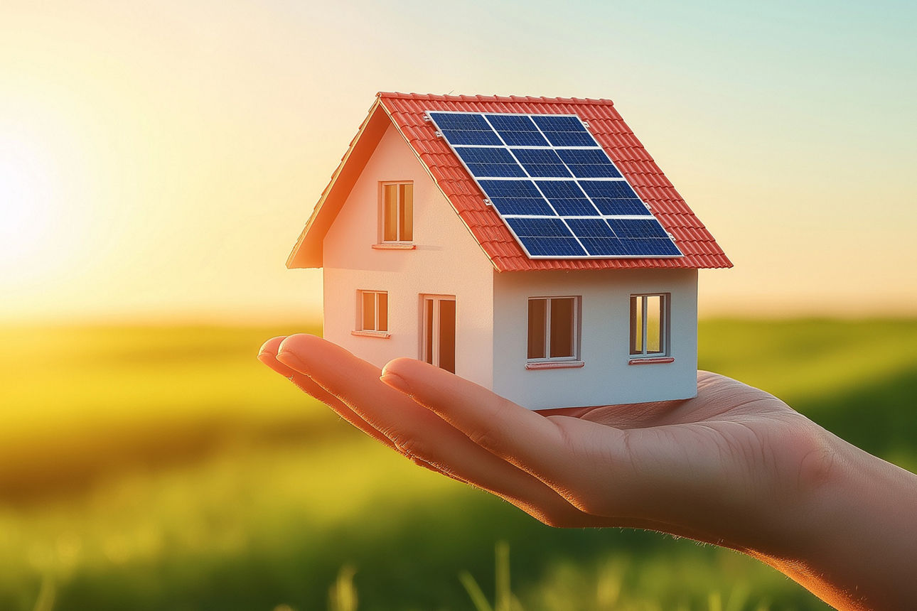 Hand hält Haus vor grüner Wiese und Sonnenschein