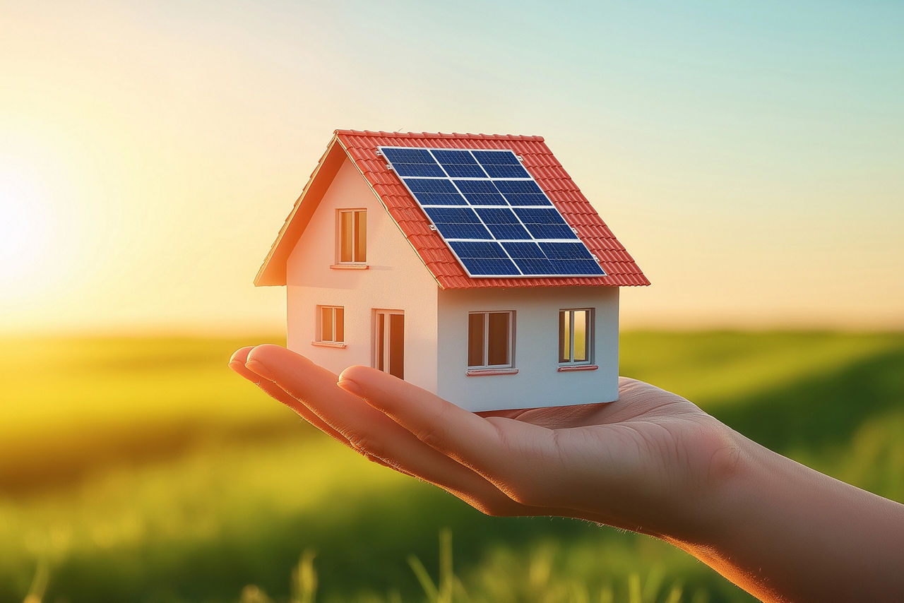 Eine Hand hält ein Haus mit Solarpannels vor einer grünen Wiese + Sonne
