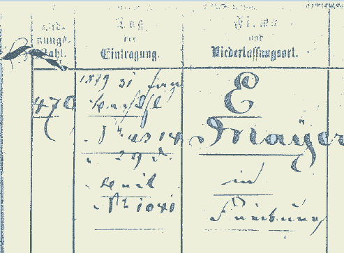 Auszug aus einem alten Eintragungsdokument mit Tabellenstruktur und handschriftlichen Angaben zu Namen, Datum und Ort.