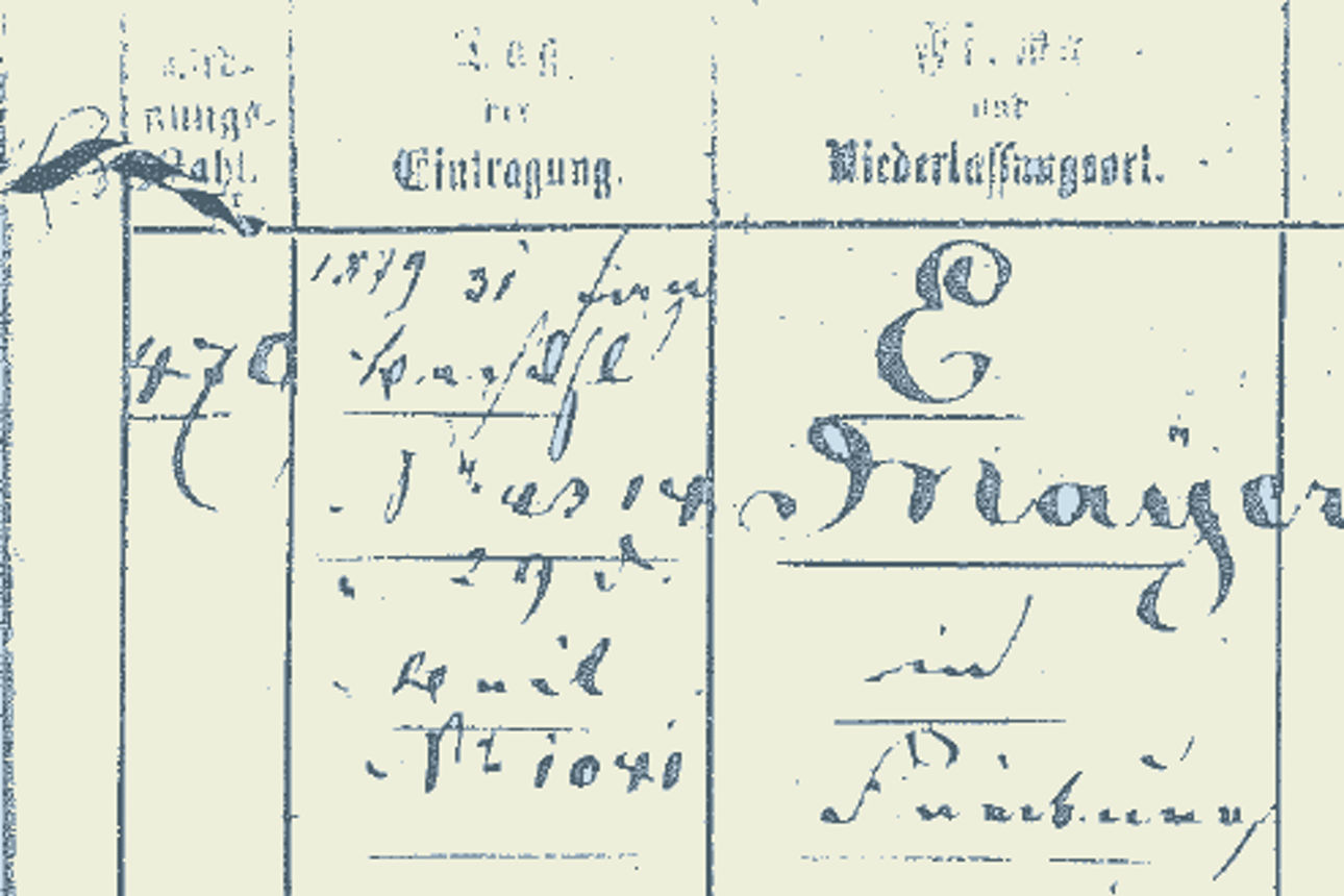 Auszug aus einem alten Eintragungsdokument mit Tabellenstruktur und handschriftlichen Angaben zu Namen, Datum und Ort.