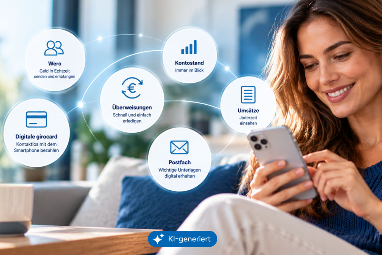 Eine Frau sitzt auf einem Sofa und schaut lachend in ihr Handy, daneben stehen in Kreisen einige Funktionen der Banking App