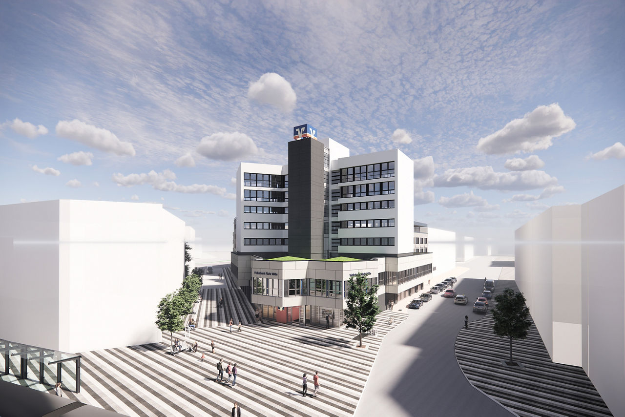 Zu sehen ist eine moderne CAD-Zeichnung des Gebäudes der Hauptstelle der Volksbank Ruhr Mitte nach Abschluss des Umbaus.