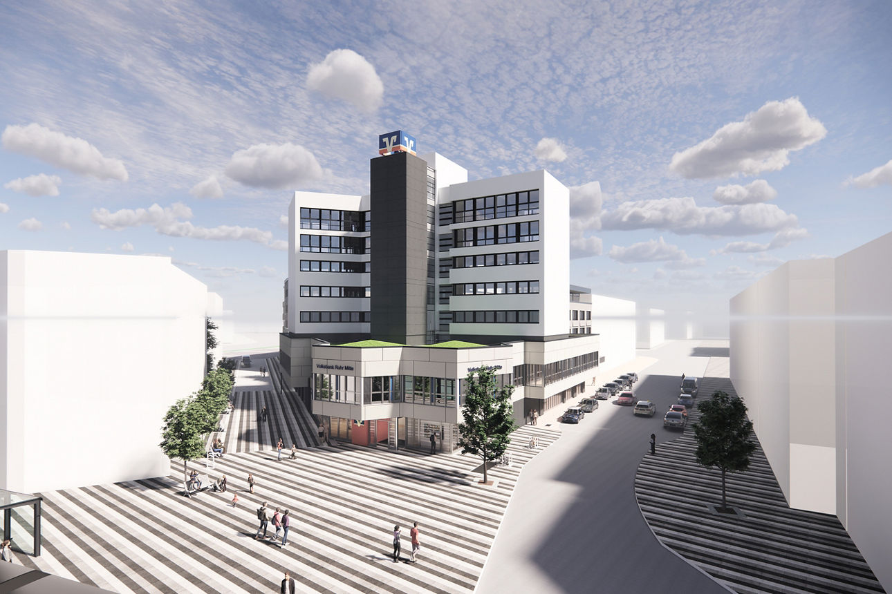 Zu sehen ist eine moderne CAD-Zeichnung des Gebäudes der Hauptstelle der Volksbank Ruhr Mitte nach Abschluss des Umbaus.