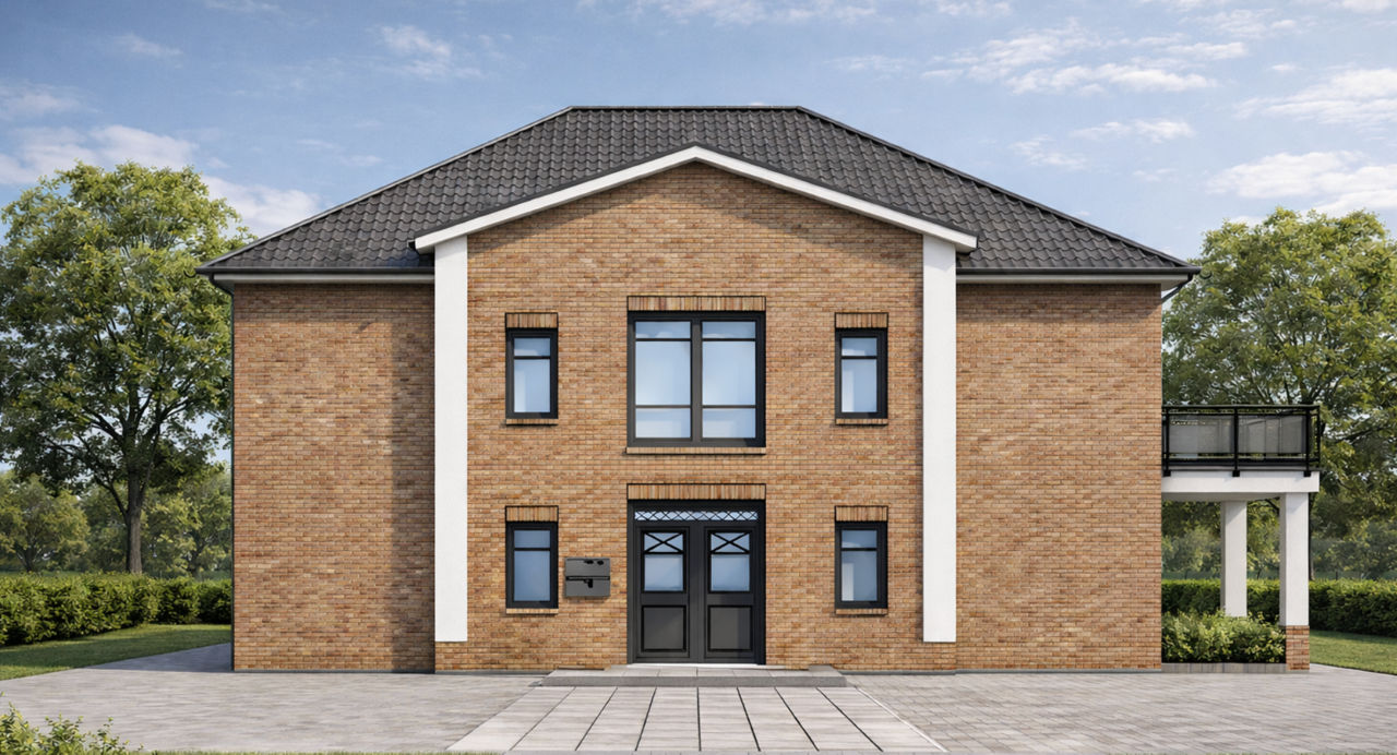 Visualisierung eines modernen Einfamilienhauses mit Klinkerfassade und symmetrischer Fensterfront.