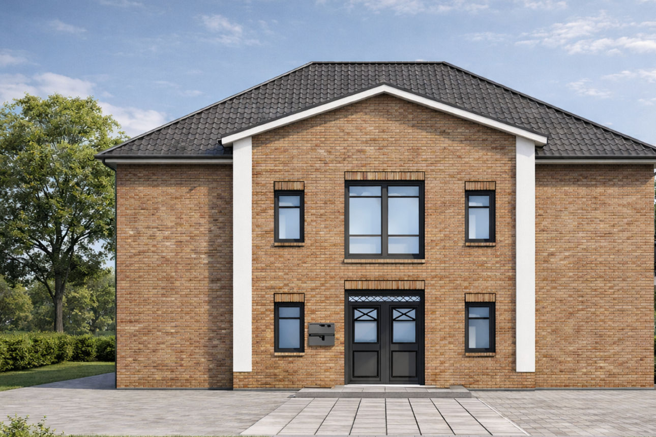 Visualisierung eines modernen Einfamilienhauses mit Klinkerfassade und symmetrischer Fensterfront.