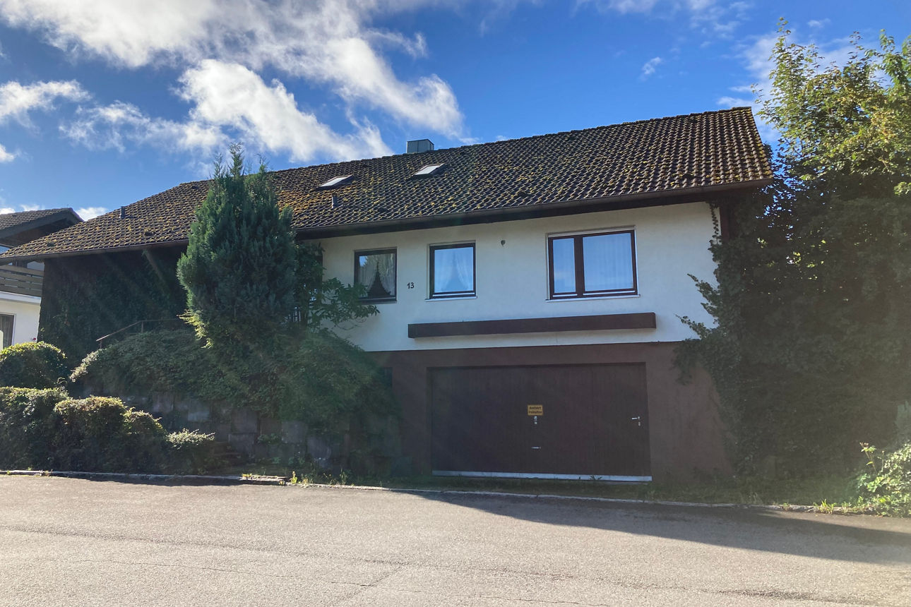 Großes Haus mit Garage und Pflanzen