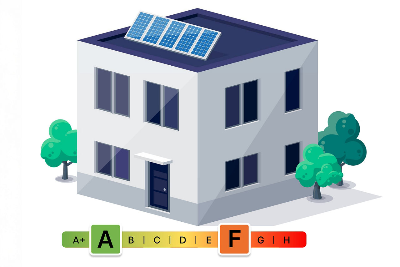 Abbildung eines Hauses und darunter eine Abbildung einer Energieeffizenztabelle