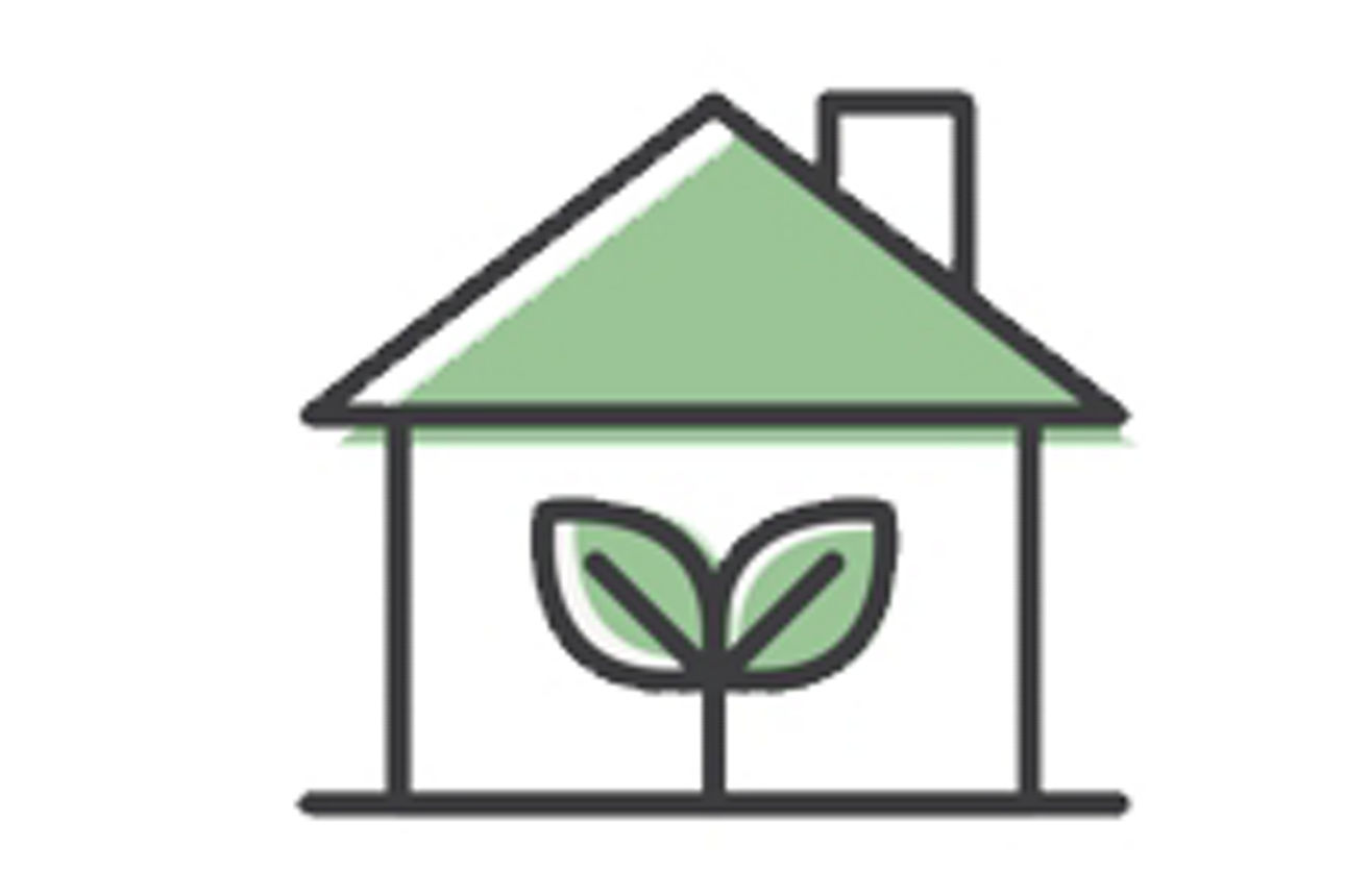 Zeichnung eines Hauses mit grünen Dach. In der Mitte des Hauses ist eine kleine Pflanze mit zwei Blättern zu sehen