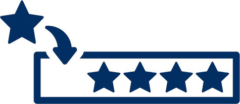 Symbolgrafik mit fünf Sternen in einer Leiste, über der ein einzelner Stern schwebt und mit einem Pfeil nach unten auf die Le