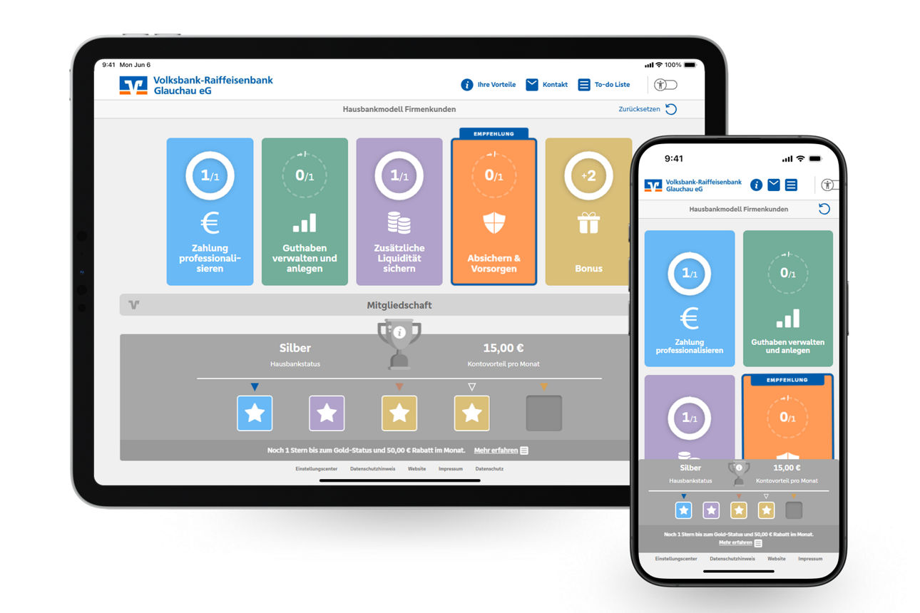 Überblick Hausbank-App für Firmenkunden auf Smartphone und Tablet