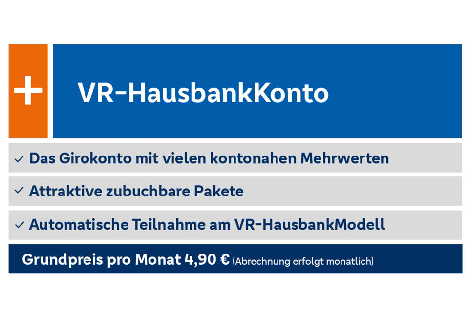VR-HausbankKonto mit Mehrwerten, zubuchbaren Paketen und Teilnahme am Modell, für 4,90 € Grundpreis pro Monat.