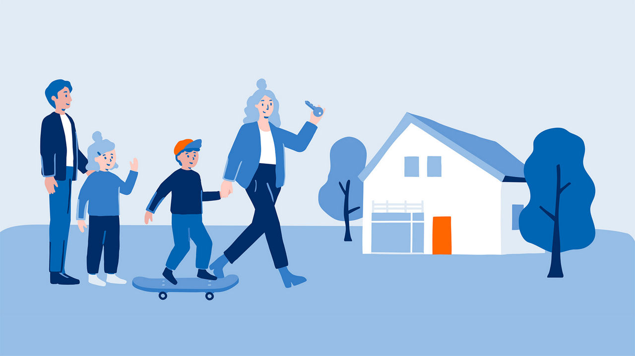 Illustration einer Familie vor einem Haus