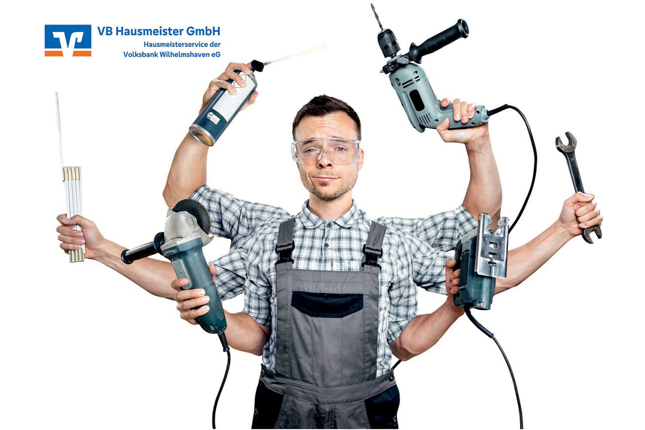 Ein Hausmeister mit sechs Armen, der viele handwerkliche Tätigkeiten gleichzeitig ausführt