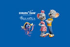 Snorri, das Rulantica Maskottchen und Ed & Edda, die Maskottchen vom Europa-Park auf blauem Hintergrund