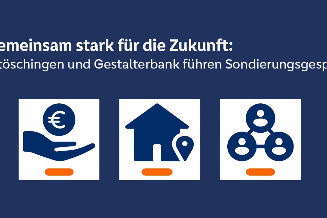 Informationstext zu Sondierungsgesprächen zwischen der Voba-KW und der Gestalterbank und verschiedene Pictogramme