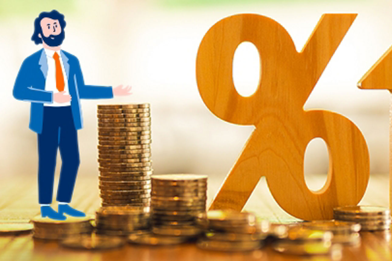 Grafische Darstellung von zwei Figuren, die auf Münzen stehen mit einem Prozentzeichen und einem nach oben zeigenden Pfeil