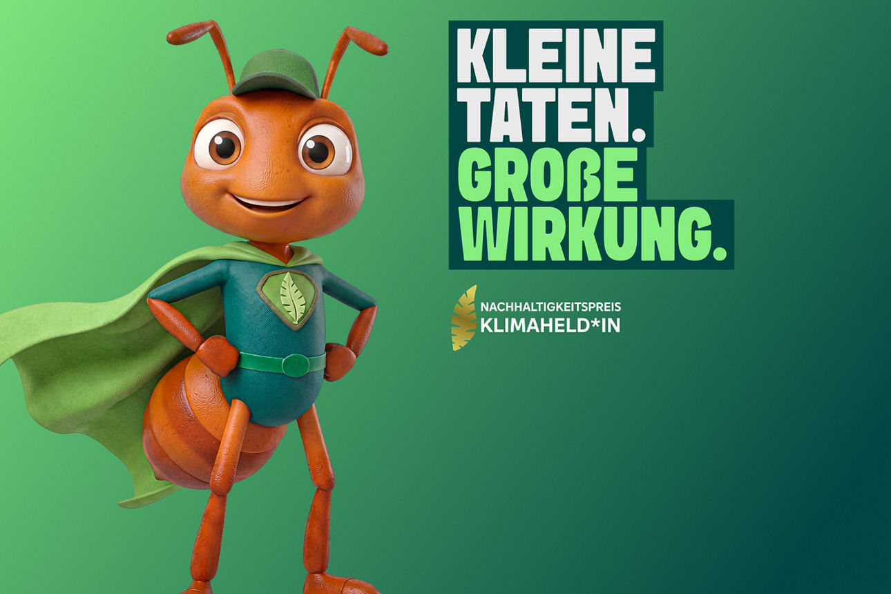 Illustrierte Ameise im Superhelden-Kostüm mit grünem Cape vor grünem Hintergrund. Daneben steht der Text: Kleine Taten. Große Wirkung. Nachhaltigkeitspreis Klimaheld*in.