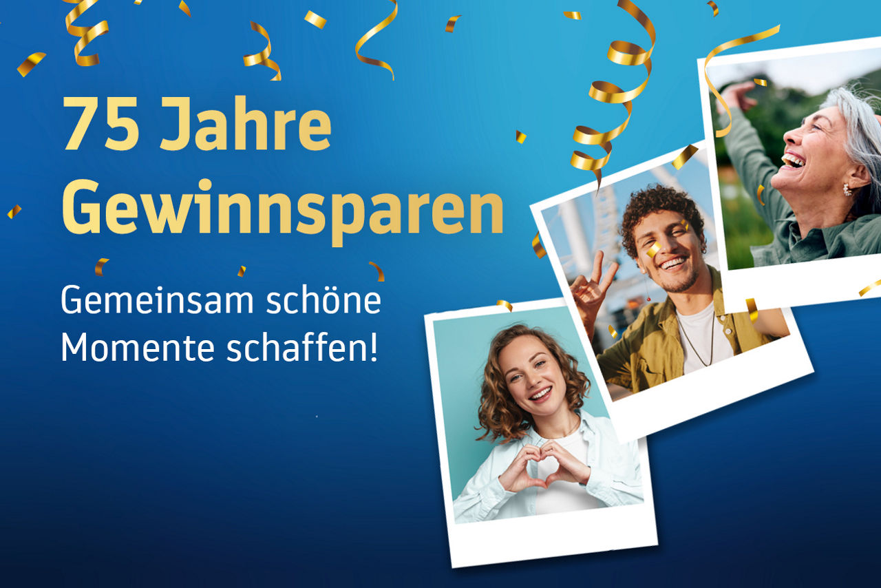 Blauer Hintergrund und 3 Bilder von lachenden Menschen in einer Polaroid Optik. 