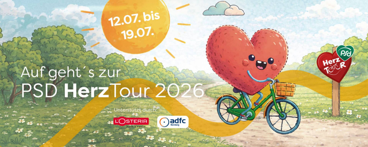 Das Maskottchen der PSD HerzTour tretet in die Pedale für den guten Zweck. 