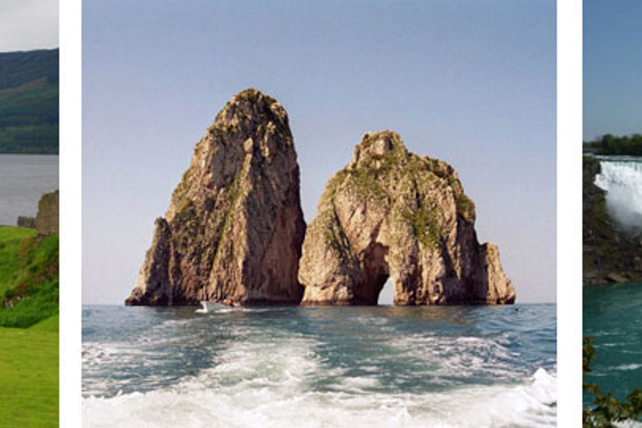Collage einer Burgruine auf der linken Seite, Klippen im Meer in der Mitte und ein Wasserfall auf der rechten Seite