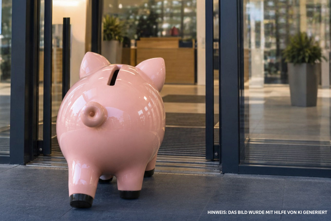 KI-generiertes Bild: Sparschwein läuft durch die Schiebetüre einer Bankfiliale.
