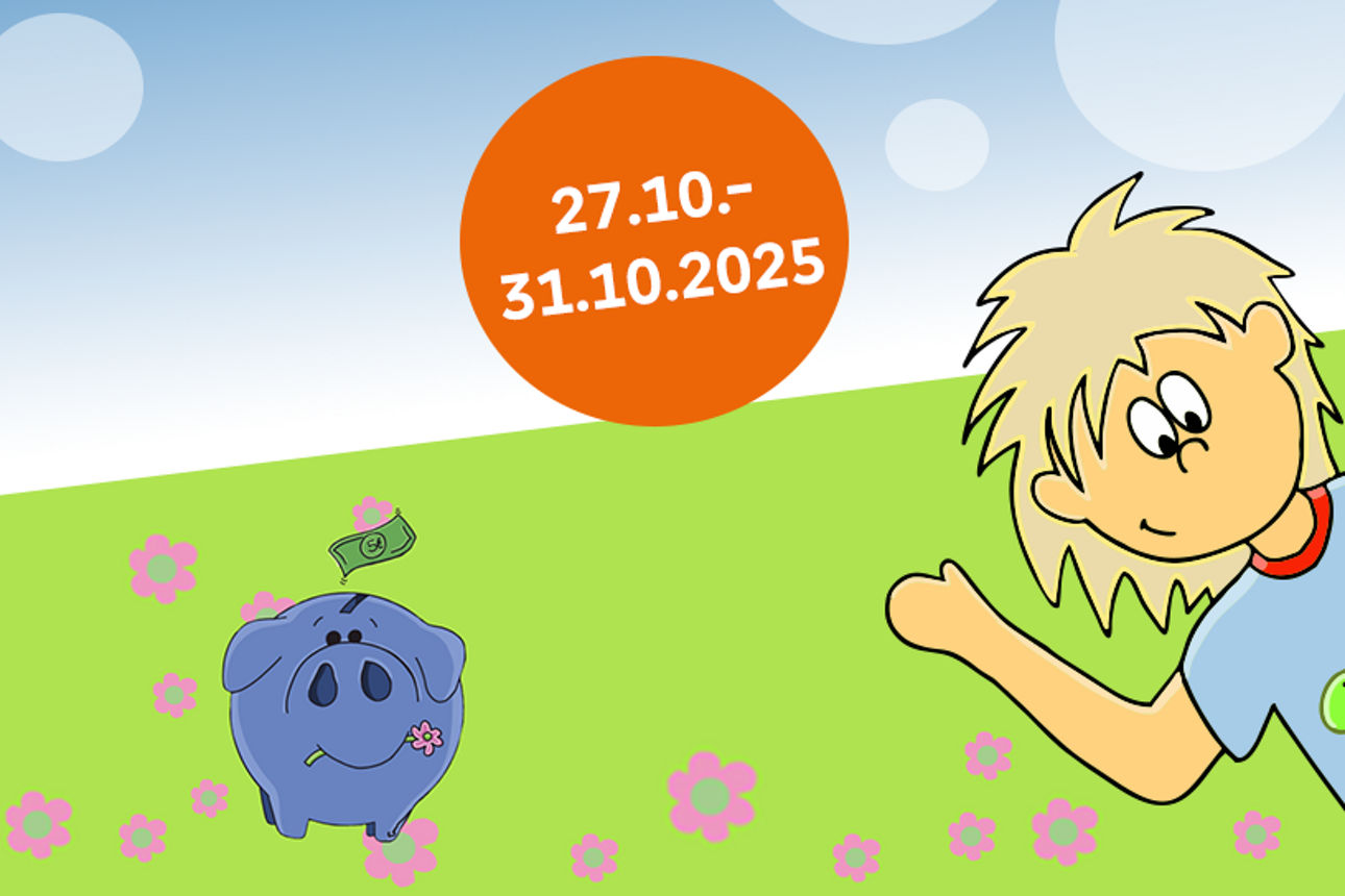 Zwei Comicfiguren, ein Mädchen und ein Junge, winken uns zu.  Auf einer Blumenwiese steht ein blaues Sparschwein.