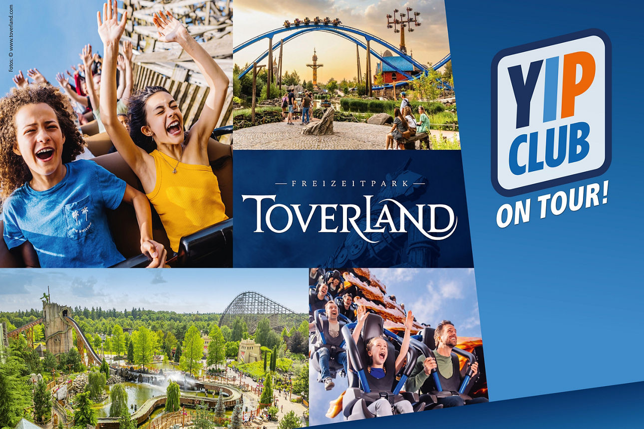 Werbegrafik für Freizeitpark Toverland mit Achterbahnen und „YP Club on Tour“.