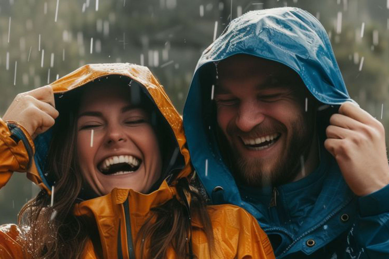 Pärchen mit Regenmänteln in orange und blau lächelnd im Regen