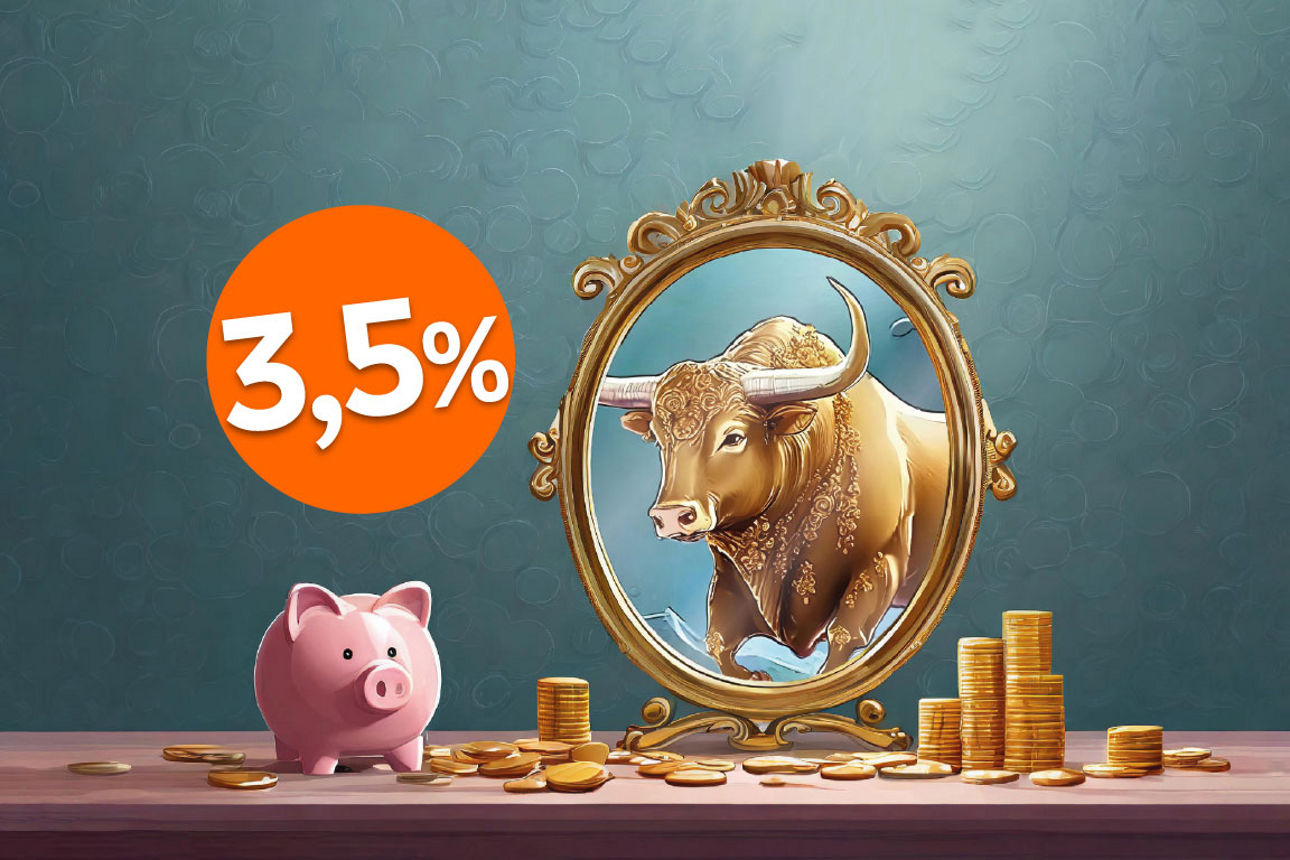 Ein Störer mit der Aufschrift "3,5%" und ein Sparschwein, dass im Spielel einen Bullen sieht.