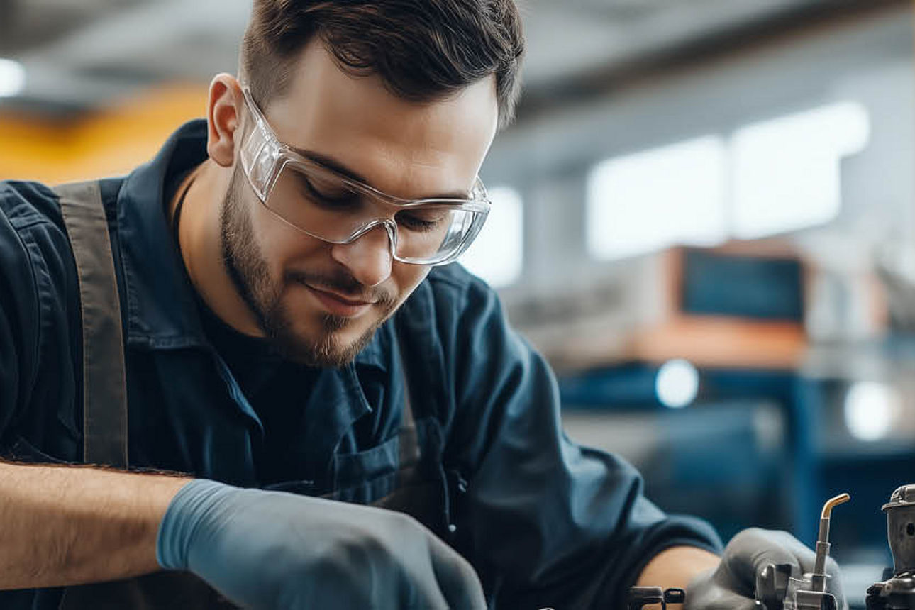 Mechatroniker repariert Motor in moderner Werkstatt