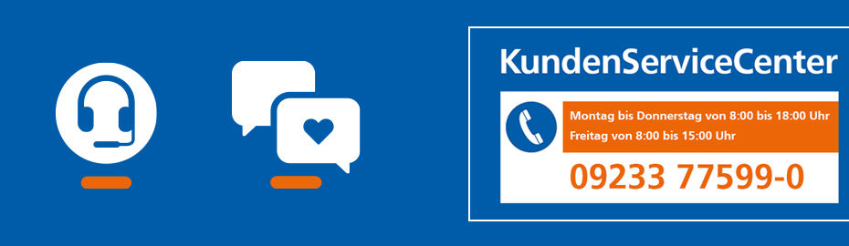 blauer Hintergrund mit einem weißen Feld, das die Worte „KundenServiceCenter“ enthält