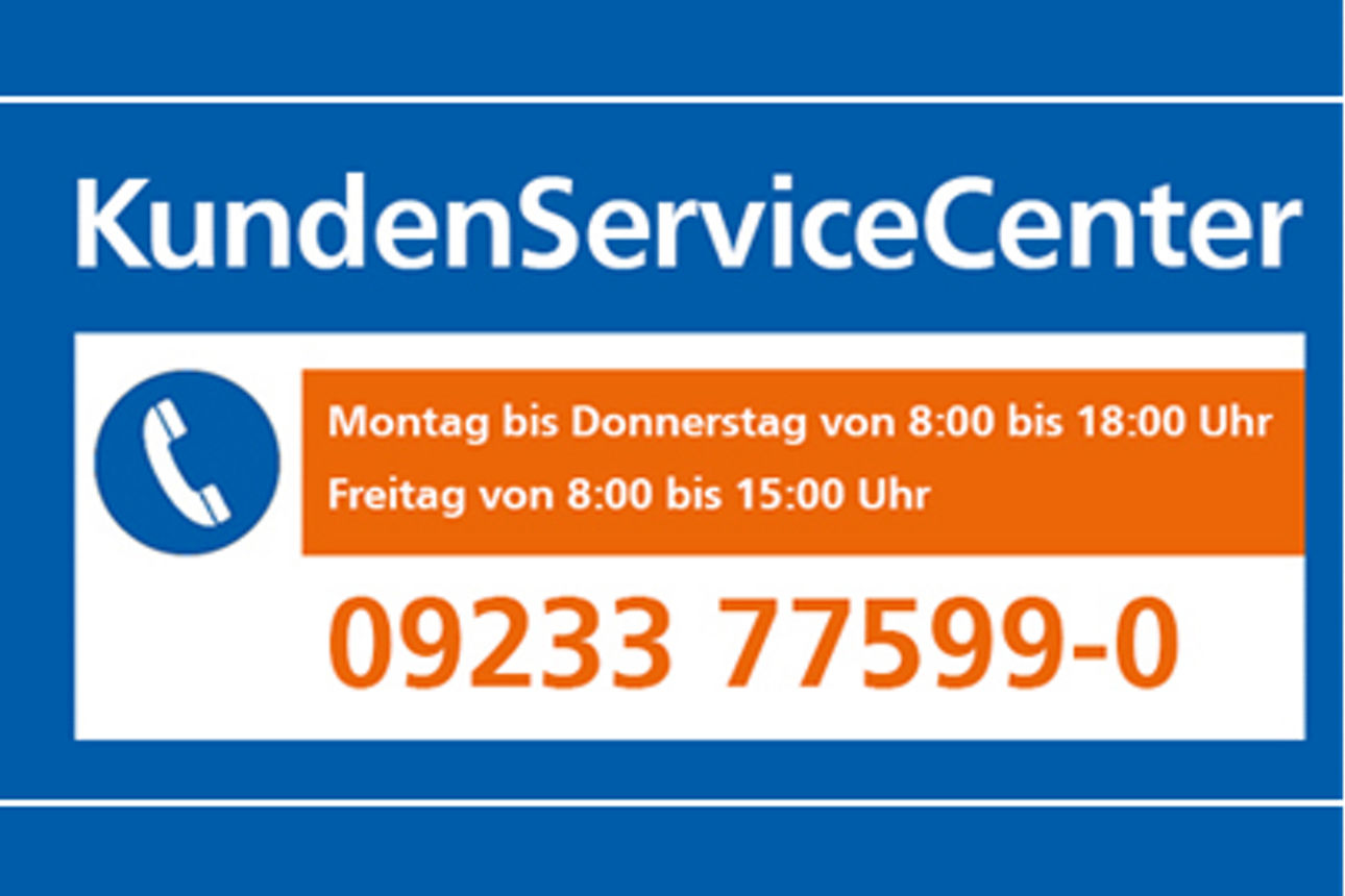 blauer Hintergrund mit einem weißen Feld, das die Worte „KundenServiceCenter“ enthält