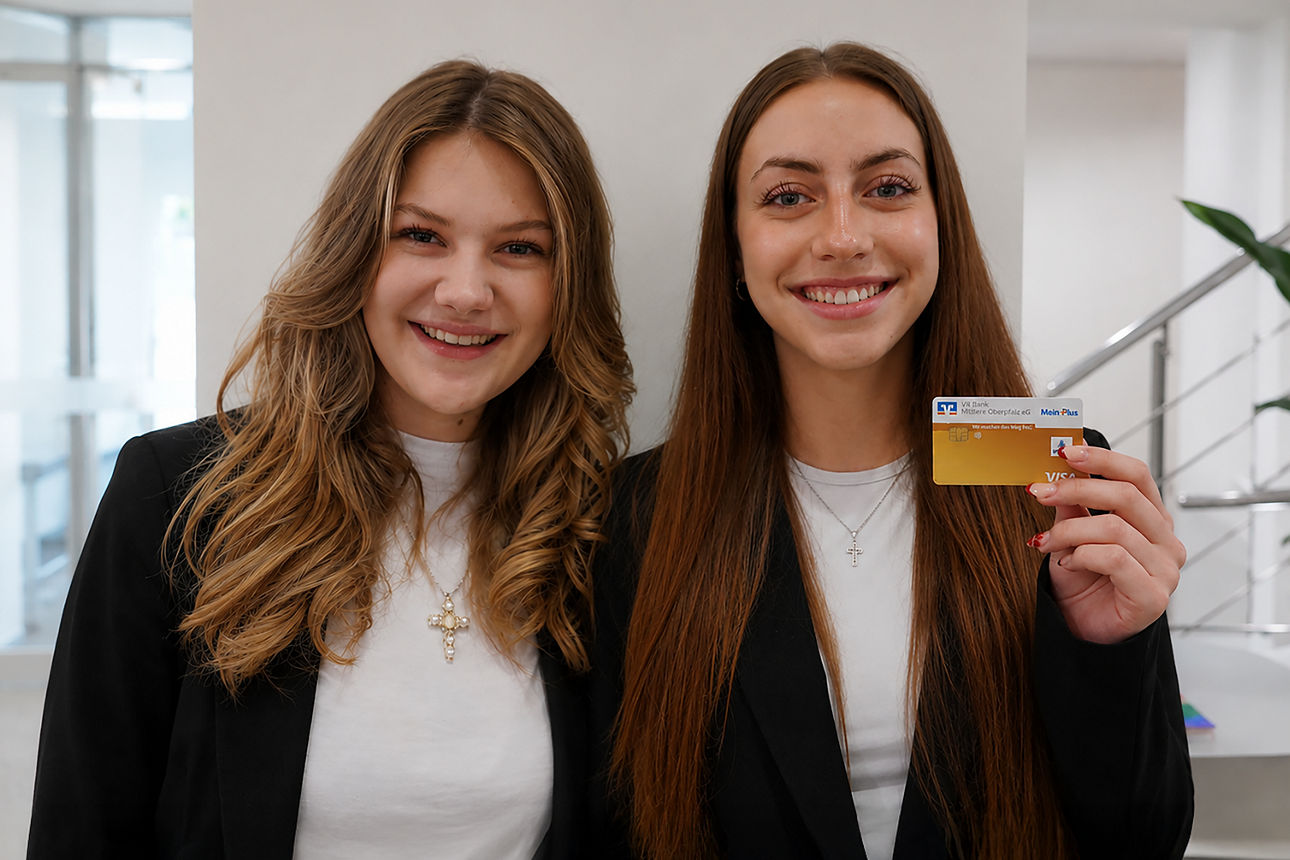 Zei lachende Frauen stehen vor einer weißen Wand und haben eine goldene Girocard in der Hand.