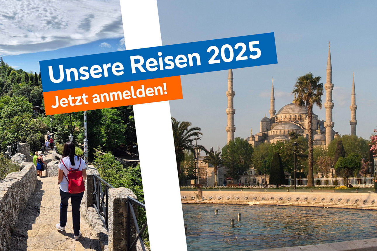 Drei Bilder der aktuellen Reisen 2025 mit dem Aufruf "Jetzt anmelden!"