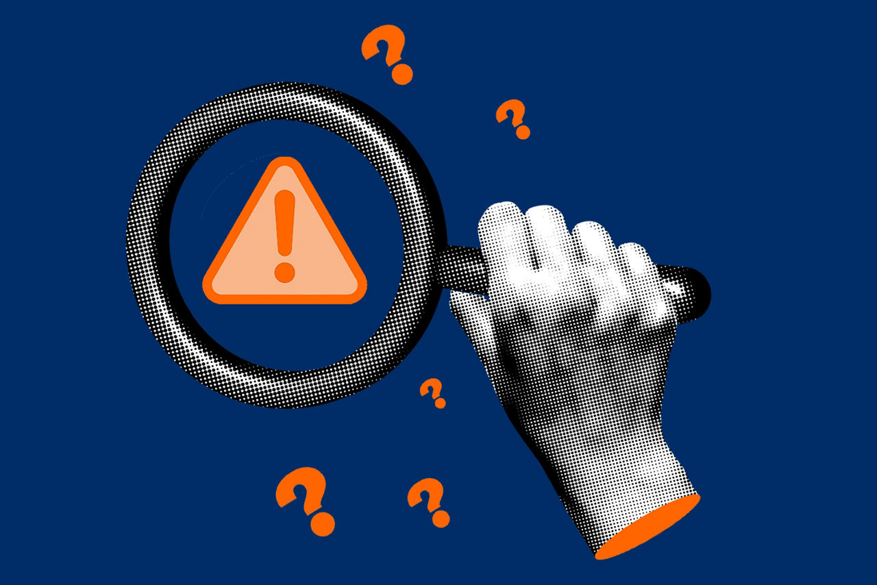 Lupe mit Warnsymbol und Fragezeichen als Hinweis auf Unsicherheit oder Risiko.