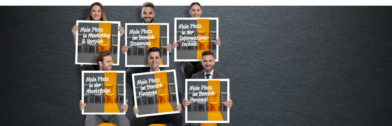 6 Personen halten ein Bild mit Stellenangeboten