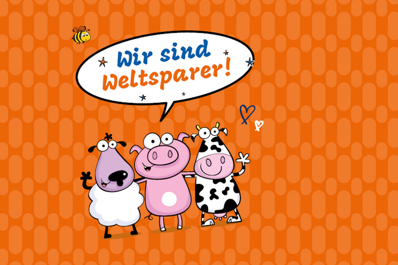 Cartoon: Schaf, Schwein, Kuh & Biene vor orangem Hintergrund sagen in Sprechblase: „Wir sind Weltsparer!“