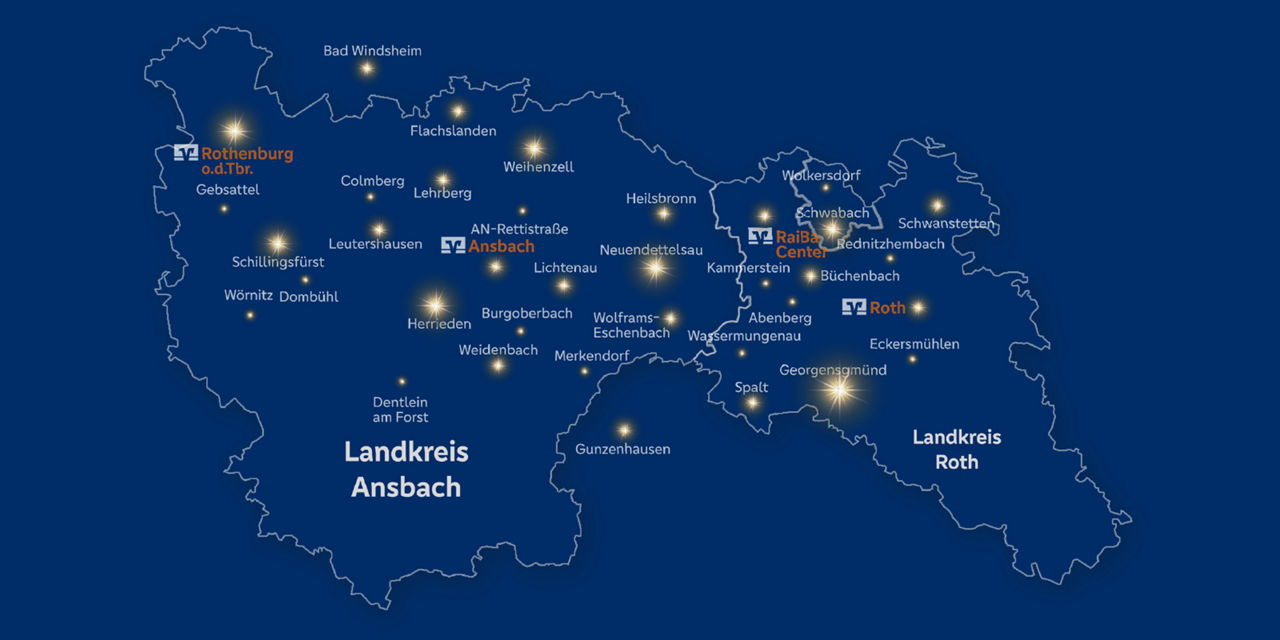 Die Geschäftsgebietskarte der VR-Bank Mittelfranken Mitte eG mit leuchtenden Geschäftsstellen auf blauem HIntergrund.