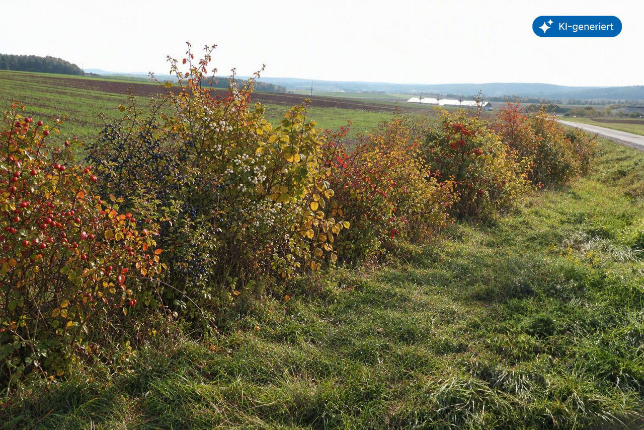 Eine bunte Hecke mit Beeren säumt im warmen Herbstlicht die Felder einer ruhigen, ländlichen Landschaft.