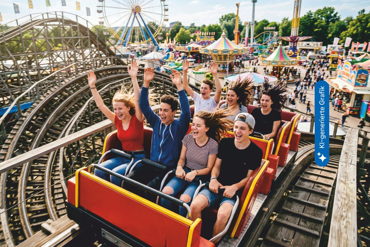 Sieben junge , lachende Menschen sitzend in einer fahrenden Achterbahn. 