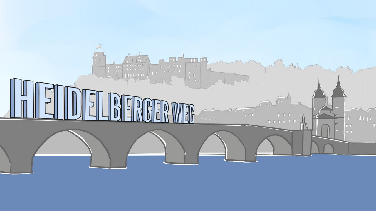 Illustration der Stadt Heidelberg mit dem Schriftzug Heidelberger Weg auf der Brücke