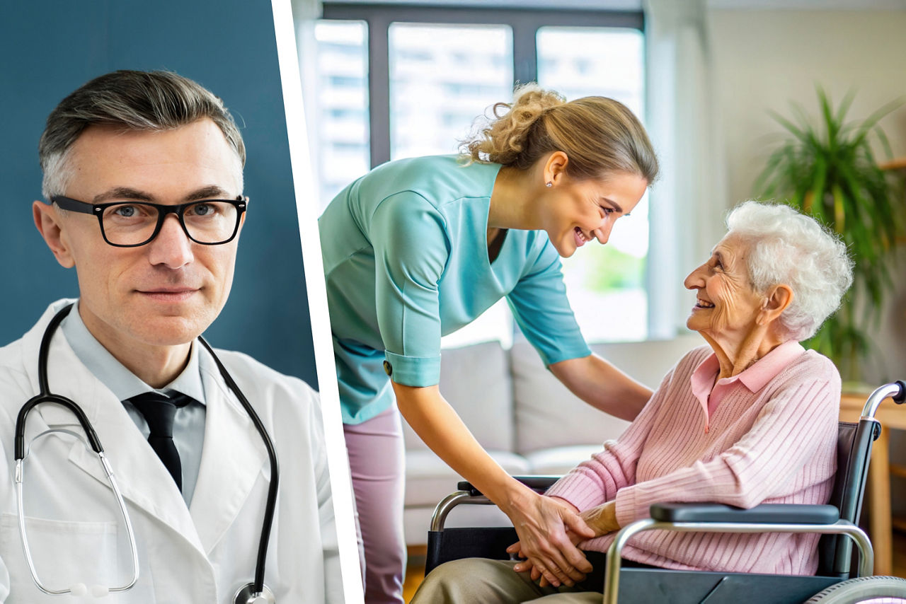 Links ist ein Arztportrait zu sehen und rechts eine Pflegerin mit ihrer Patientin im Rollstuhl.